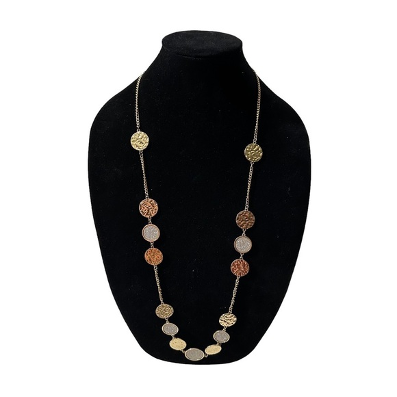 Charming Charlie Gold Tone Hammered & Faux Diamond Crusted Multi Coin Necklace - Picture 1 of 13